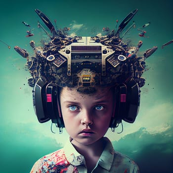 Mind control, brain of a child connected to technology, manipulation and dictator concept, mass hypnosis by media, generative AI