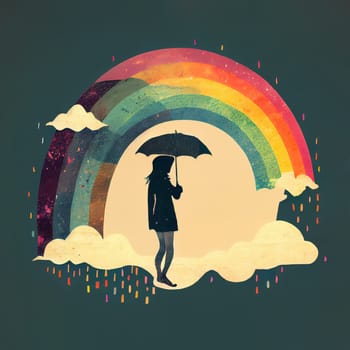 Woman with an umbrella in front of a rainbow, positive optimistic attitude, hope and emotion concept, generative AI