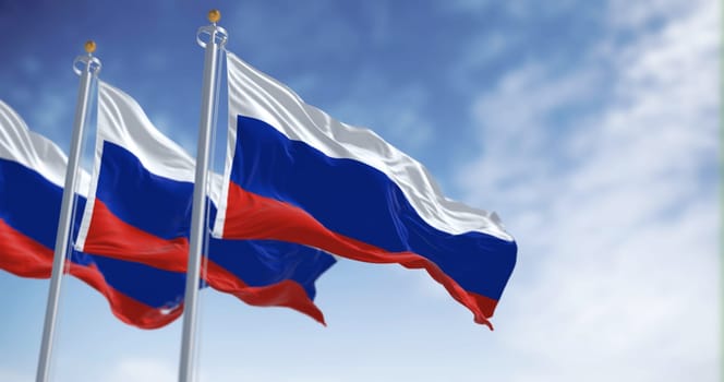 Three national flags of Russia waving in the wind on a clear day. White, blue and red horizontal stripes. Russian Federation flag. 3D illustration render. Fluttering textile.