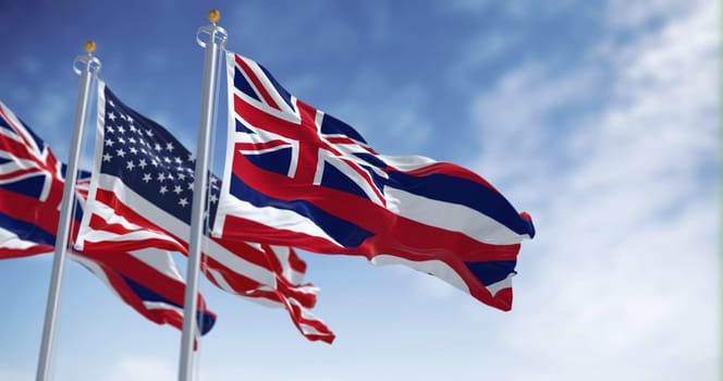 Hawaii state flag waving with the national flag of the United States of America on a clear day. 3d illustration render. Fluttering fabric. Selective focus