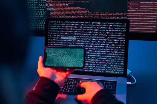 Man using computer and programming  to break code. Cyber security threat. Internet and network security. Stealing private information. Person using technology to steal password and private data. Cyber attack crime