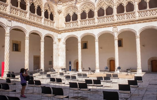 Valladolid, Spain - July 19th, 2020: Colegio de San Gregorio courtyard ground floor. Isabelline style building, Valladolid, Spain