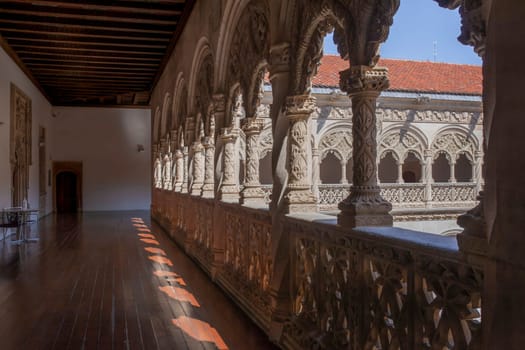 Valladolid, Spain - July 19th, 2020: Colegio de San Gregorio courtyard upper floor. Isabelline style building. Upper floor, Valladolid, Spain