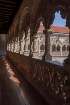 Valladolid, Spain - July 19th, 2020: Colegio de San Gregorio courtyard upper floor. Isabelline style building. Valladolid, Spain