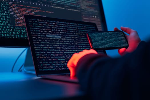 Man using computer and programming  to break code. Cyber security threat. Internet and network security. Stealing private information. Person using technology to steal password and private data. Cyber attack crime