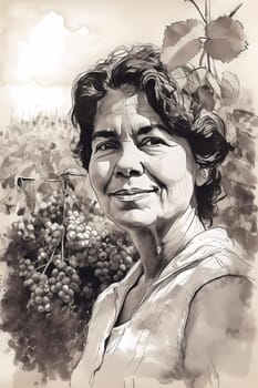 A 45-year-old Hispanic woman is being portrayed in a beautiful vineyard surrounded by grape vines. (generative AI)