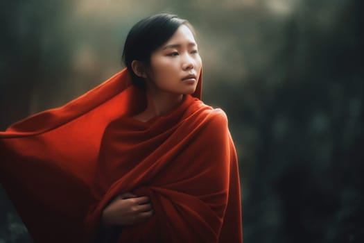 A 50-year-old Asian woman is being portrayed in a lush garden with colorful flowers and plants around her. (generative AI)
