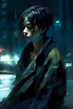 A 50 year old Asian woman poses in the middle of a busy city street at night with neon signs illuminating the background. (generative AI)