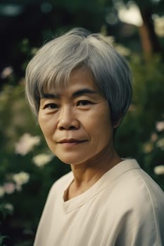 A 50-year-old Asian woman is being portrayed in a lush garden with colorful flowers and plants around her. (generative AI)