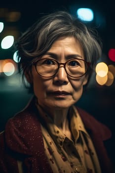 A 50 year old Asian woman poses in the middle of a busy city street at night with neon signs illuminating the background. (generative AI)