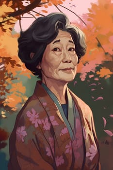 A 50-year-old Asian woman poses in a beautiful garden surrounded by blooming flowers and greenery. (generative AI)