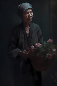A 50-year-old Asian woman poses in a beautiful garden surrounded by blooming flowers and greenery. (generative AI)