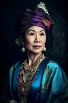 A 50-year-old Asian woman is being portrayed in a traditional dress. (generative AI)