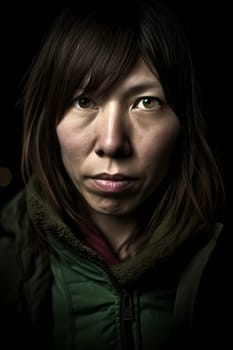 A 50 year old Asian woman poses in the middle of a busy city street at night with neon signs illuminating the background. (generative AI)