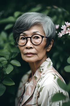 A 50-year-old Asian woman is being portrayed in a lush garden with colorful flowers and plants around her. (generative AI)