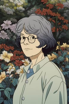 A 50-year-old Asian woman poses in a beautiful garden surrounded by blooming flowers and greenery. (generative AI)