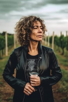 A 45 years old Caucasian woman is being portrayed in a picturesque vineyard. (generative AI)