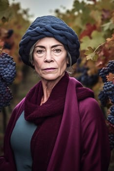 A 45 years old Caucasian woman is being portrayed in a picturesque vineyard. (generative AI)
