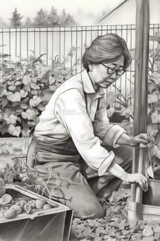 A 50-year-old Asian woman is planting flowers in her backyard garden. (generative AI)