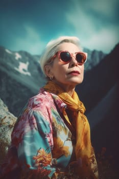 A 50 year old Caucasian woman smiling at the top of a mountain peak with blue skies and clouds in the background. (generative AI)