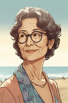 A 50-year-old Caucasian woman is being portrayed on a sandy beach near the ocean. (generative AI)