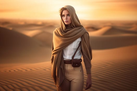 A 50-year-old Caucasian woman is being portrayed on a sandy beach near the ocean. (generative AI)