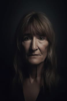 A 50 year old Caucasian woman smiling at the top of a mountain peak with blue skies and clouds in the background. (generative AI)