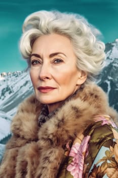 A 50 year old Caucasian woman smiling at the top of a mountain peak with blue skies and clouds in the background. (generative AI)