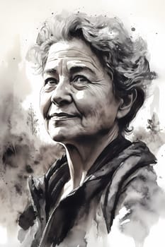A 50 year old Caucasian woman smiling at the top of a mountain peak with blue skies and clouds in the background. (generative AI)