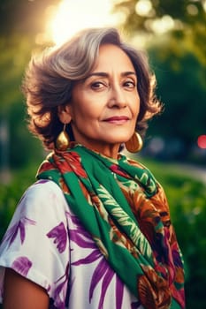 A 50 year old Hispanic woman is surrounded by trees and greenery in a peaceful city park. (generative AI)