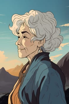 A 50 year old Caucasian woman smiling at the top of a mountain peak with blue skies and clouds in the background. (generative AI)