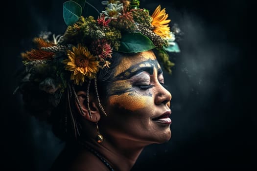 A 50-year-old Hispanic woman stands in a flower-filled garden with a serene expression. (generative AI)