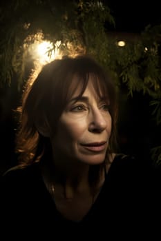 A 50-year-old Hispanic woman stands in a flower-filled garden with a serene expression. (generative AI)