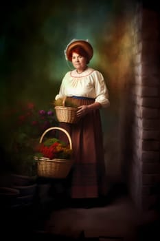 A 50-year-old Hispanic woman stands in a flower-filled garden with a serene expression. (generative AI)