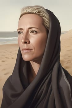 A 50-year-old Caucasian woman is being portrayed on a sandy beach near the ocean. (generative AI)