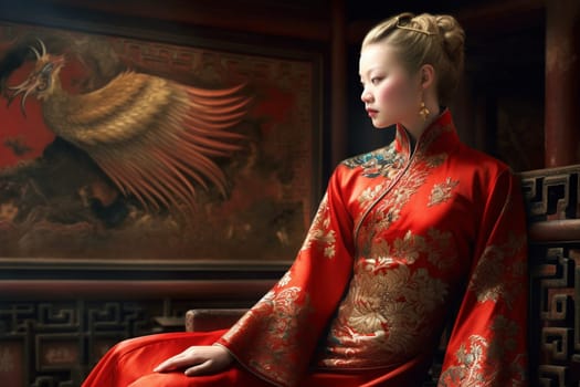 A 50-year-old Asian woman is being portrayed in a traditional dress. (generative AI)