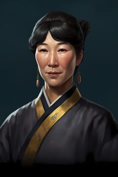 A 50-year-old Asian woman is being portrayed in a traditional dress. (generative AI)