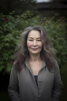 A 50-year-old Asian woman is being portrayed in a lush garden with colorful flowers and plants around her. (generative AI)