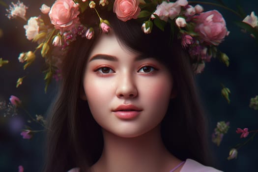 A 50-year-old Asian woman poses in a beautiful garden surrounded by blooming flowers and greenery. (generative AI)
