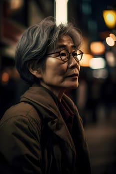 A 50 year old Asian woman poses in the middle of a busy city street at night with neon signs illuminating the background. (generative AI)