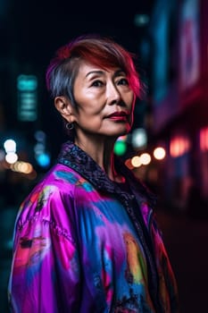 A 50 year old Asian woman poses in the middle of a busy city street at night with neon signs illuminating the background. (generative AI)
