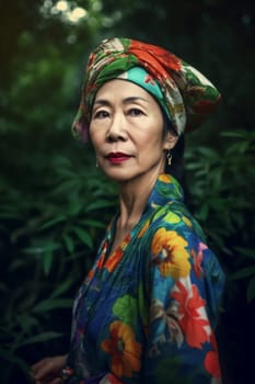 A 50-year-old Asian woman poses in a beautiful garden surrounded by blooming flowers and greenery. (generative AI)