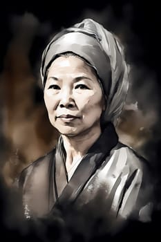 A 50-year-old Asian woman is being portrayed in a traditional dress. (generative AI)