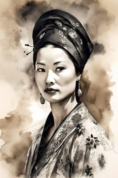 A 50-year-old Asian woman is being portrayed in a traditional dress. (generative AI)