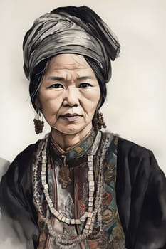 A 50-year-old Asian woman is being portrayed in a traditional dress. (generative AI)
