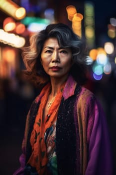 A 50 year old Asian woman poses in the middle of a busy city street at night with neon signs illuminating the background. (generative AI)