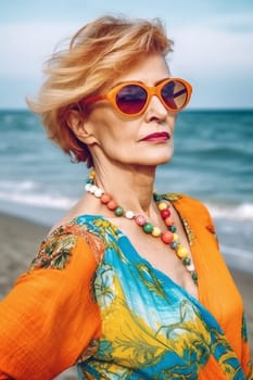 A 50-year-old Caucasian woman is being portrayed on a sandy beach near the ocean. (generative AI)