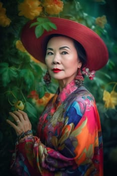 A 50-year-old Asian woman poses in a beautiful garden surrounded by blooming flowers and greenery. (generative AI)