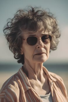 A 50-year-old Caucasian woman is being portrayed on a sandy beach near the ocean. (generative AI)