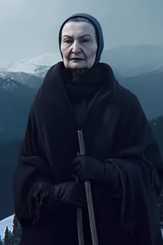 A 50 year old Caucasian woman smiling at the top of a mountain peak with blue skies and clouds in the background. (generative AI)